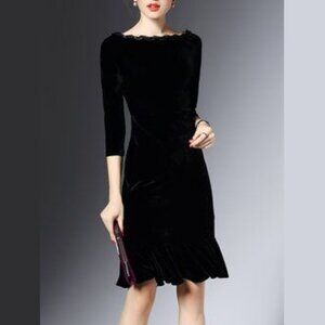Exquisite silhouette velvet flounce midi dress
